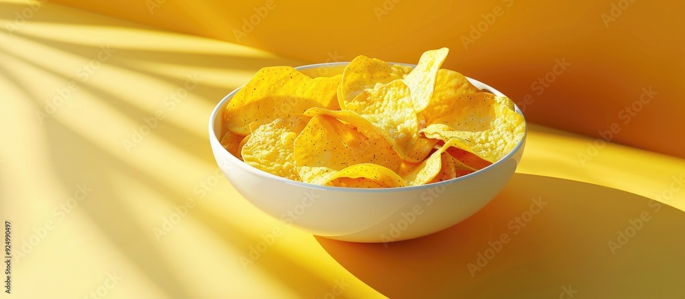 Poster a bowl of potato chips on a yellow surface with room for a displayed image. copy space image. place 