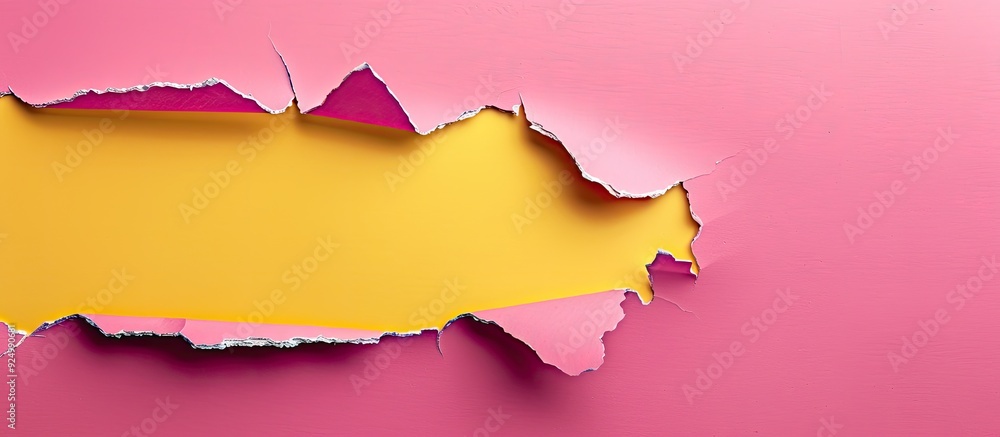 Poster a ripped pink paper with a yellow background features a conceptual relative strength index symbol le