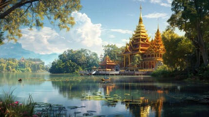 An enchanting vista of a beautiful golden temple set amidst the serene surroundings of Thailand, the majestic landscape offering a glimpse into the country's rich history and architectural wonders,