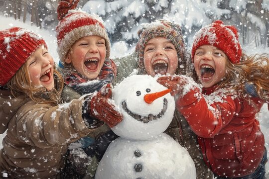 A vibrant winter wonderland scene capturing four kids building and laughing around a snowman, accentuated by falling snow, bright smiles, and joyful holiday spirit.