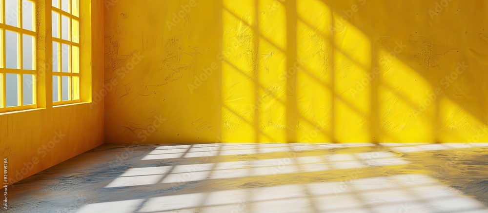 Poster yellow background studio with window shadows offers the perfect copy space image for showcasing prod