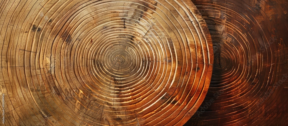 Wall mural a cross section of wood displays two brown circular patterns against a copy space image