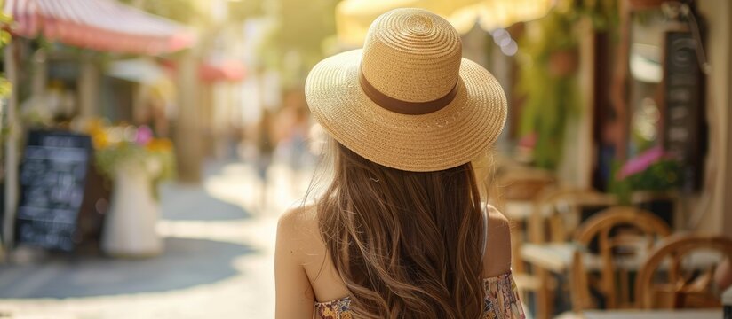 Young woman with a straw hat walking in a lifestyle themed setting with copy space image