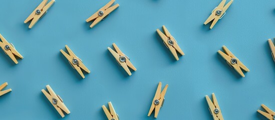 Minimalistic design with wooden miniature clothespins on a textured blue background arranged in a flat layout ideal for a copy space image