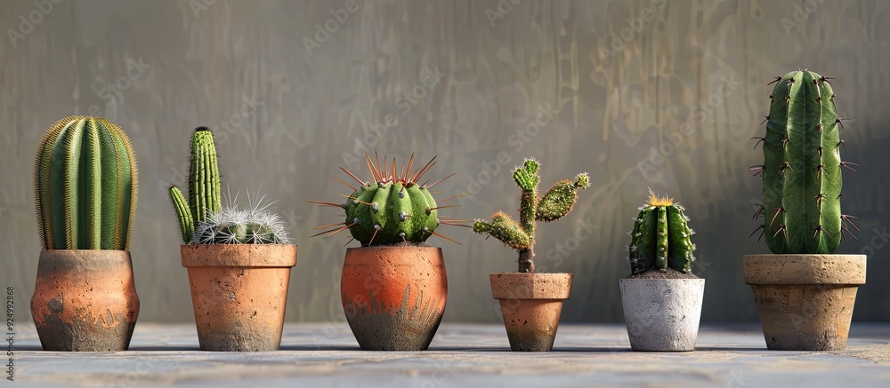 Poster different types of potted cacti under sunlight with a copy space image available