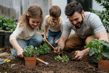 A father and his two young children are gardening together in their backyard, joyfully planting and tending to vegetables while creating special bonding moments and memories.