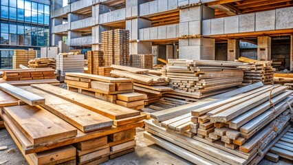 Piles of recycled construction materials, including wooden planks, metal beams, and concrete blocks, awaiting reuse in a sustainable building project.