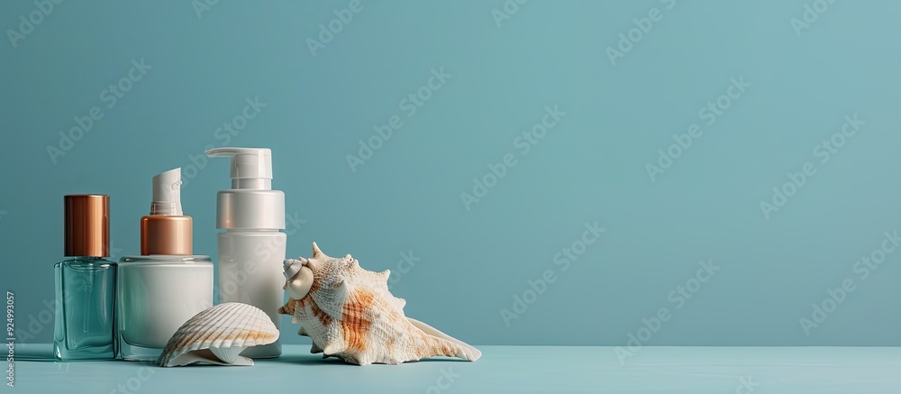 Poster cosmetic bottles jars and a seashell on a blue background providing copy space image