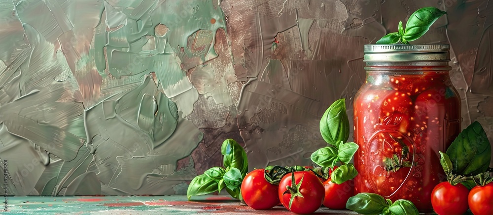 Poster fresh cherry tomatoes and vibrant green basil displayed on a textured background with a jar of tomat