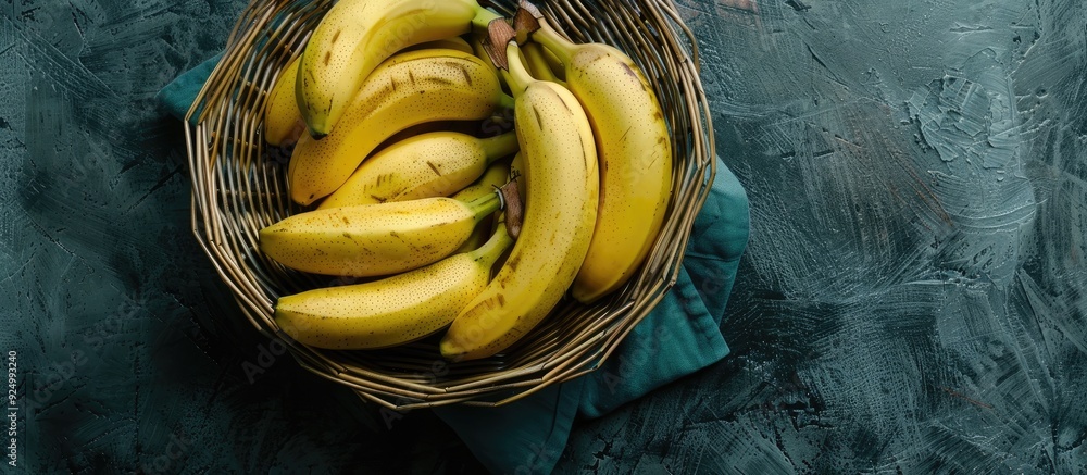 Aufkleber top view of a wicker basket filled with fresh bananas, providing a free space for text or images on 
