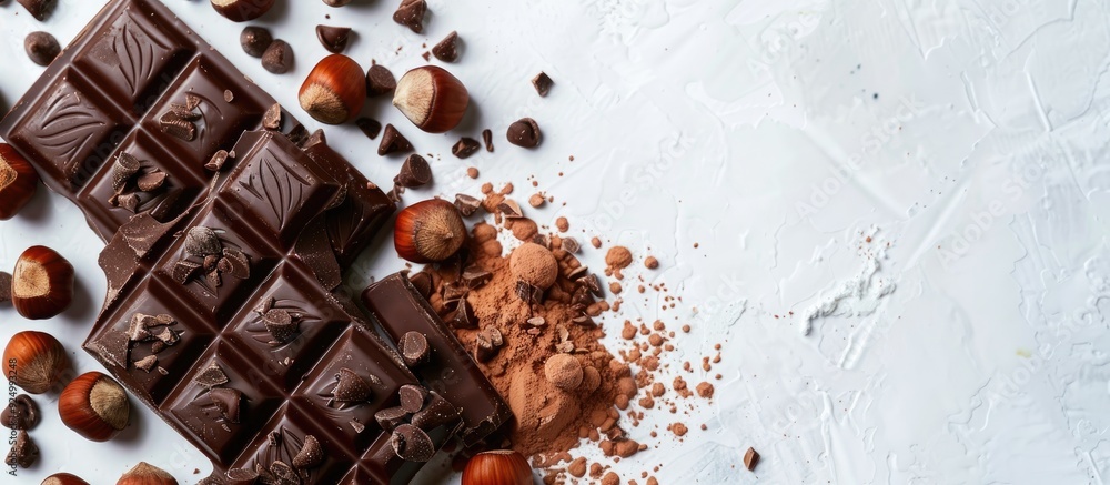 Poster hazelnut and dark chocolate on a white surface with copy space image.