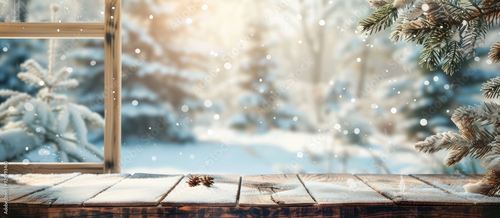 Poster wooden table with a view of snowy spruce branches in the background through a window. displaying a s
