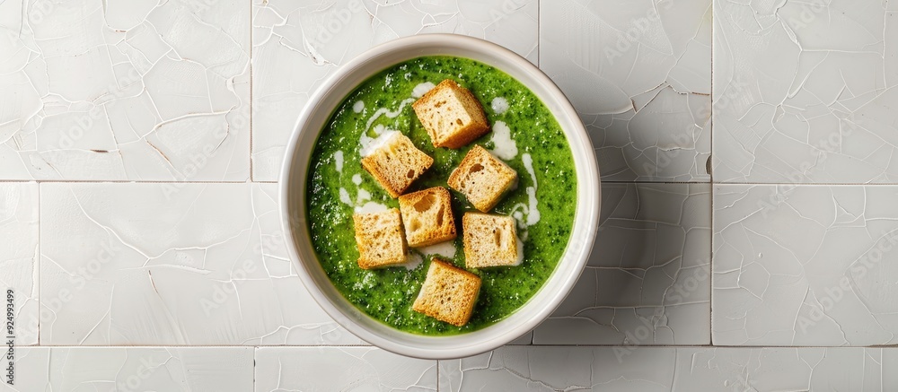 Poster white tiled table showcasing a delectable spinach cream soup with croutons in a flat lay composition