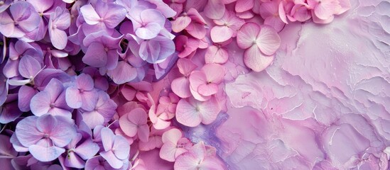 Fototapeta premium Top-down view of Hydrangea flowers in pastel violet and pink hues on an artistic ink backdrop, ideal for adding text or graphics. image with copy space