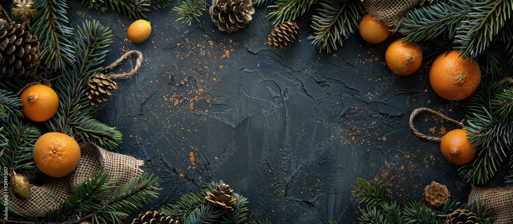 Poster christmas and new year backdrop with a festive arrangement of spruce garlands burlap and oranges cre