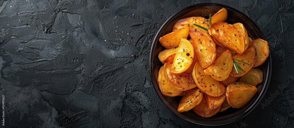 Poster crispy potatoes cooked in seasoned oil against a dark backdrop seen from above with room for text or