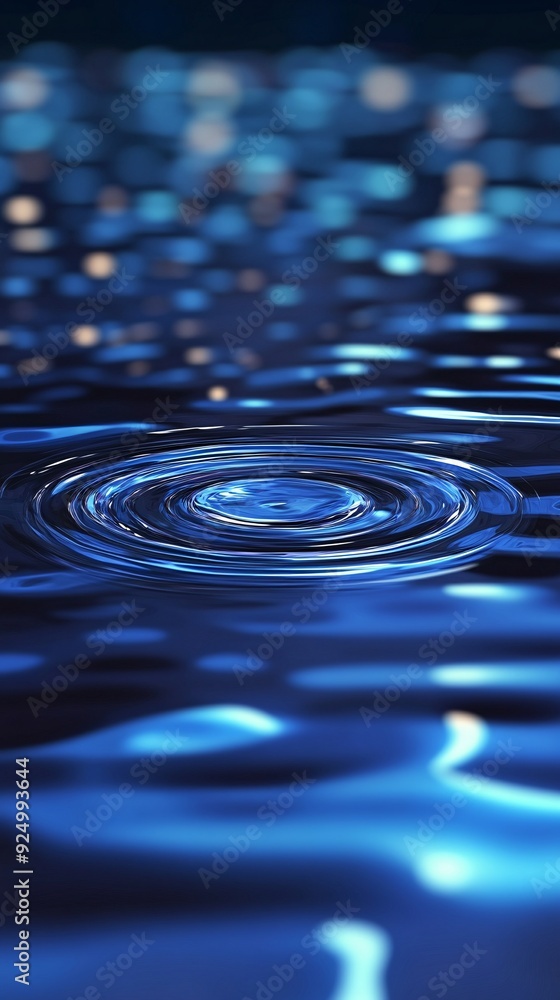 Poster a single drop of water creates a ripple pattern in blue water with bokeh lights in the background.
