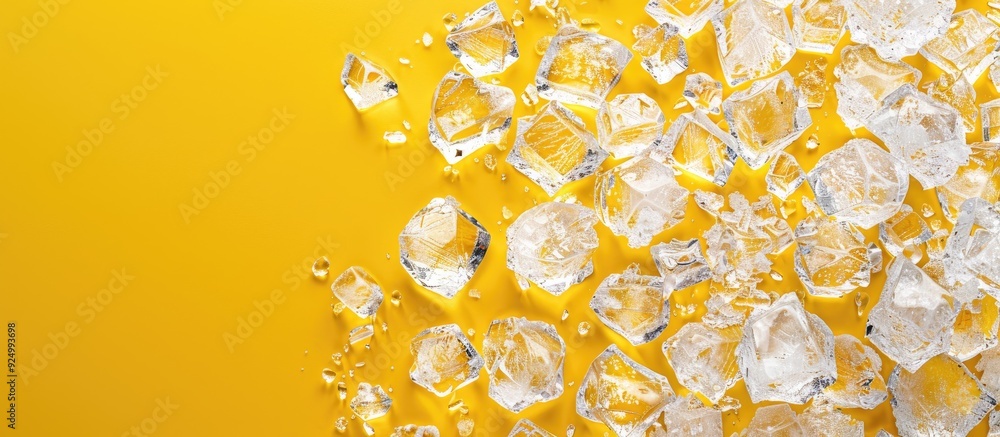 Poster top down view of crushed ice on a yellow background with copy space image available