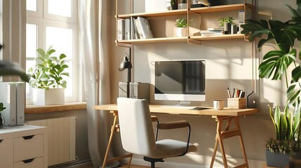 A chic home office with a contemporary desk, ergonomic chair, and organized shelves.