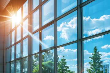 Fototapeta premium The building panoramic windows reflect the sky, trees and sunlight
