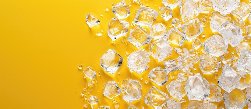 Top down view of crushed ice on a yellow background with copy space image available