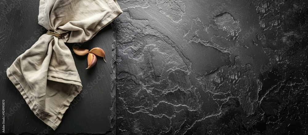Poster top view of a slate board with napkins against a black background provides ample copy space image