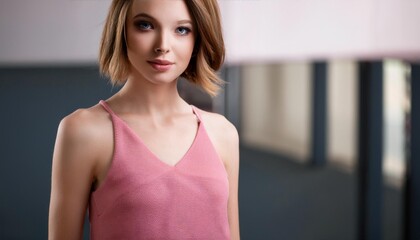 Fototapeta premium Beyond the Pink Dress: An Athletic Young Woman's Journey of Self-Discovery