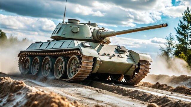 A tank t-34 in dirt, on off road 