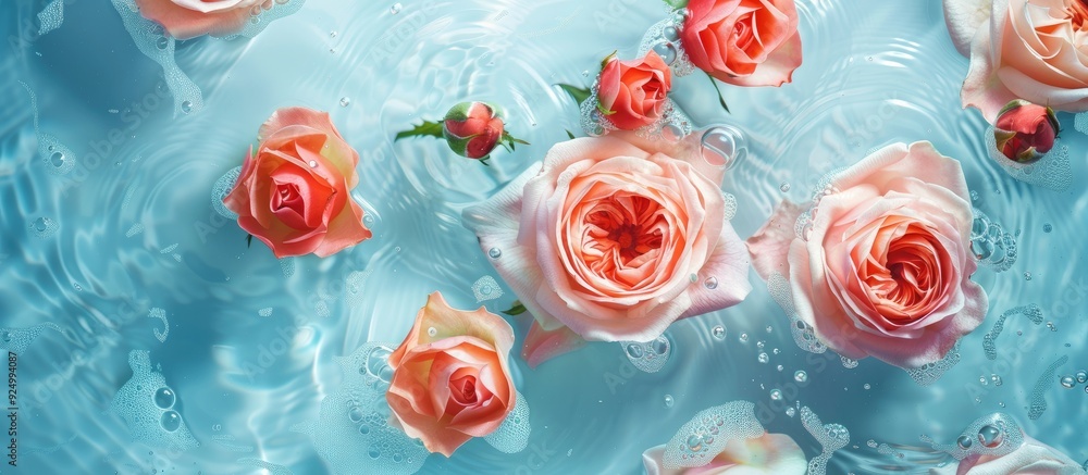 Poster top view of lovely roses floating in water on a light blue backdrop with room for text in the copy s