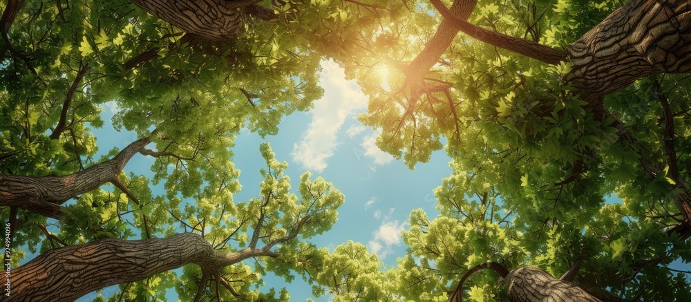 Poster nature themed background featuring the sky peeking through tree branches from a bottom view with a f