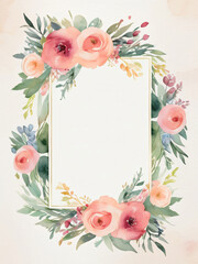 A blank wedding invitation adorned with a watercolor floral frame