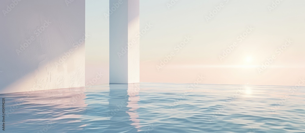 Poster an empty studio with a white rhombus and pastel water ideal for showcasing a tranquil atmosphere in 