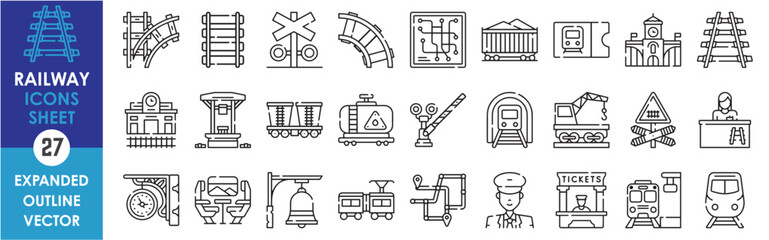A set of line icons related to Railway. Rail, track, barrier, map, bell, ticket, transport, railway station, mine, subway, tunnel, and so on. Vector outline icons set.