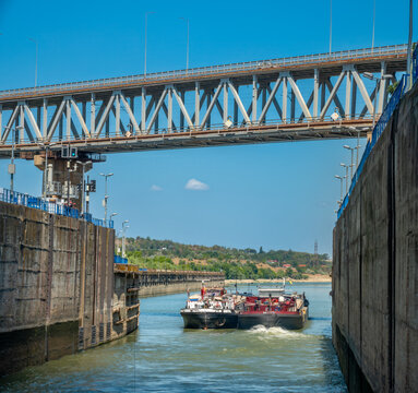 Exiting a lock of the Danube&ndash;Black Sea Canal between Cernavodă on the Danube river and Constanța on the Black Sea, Romania