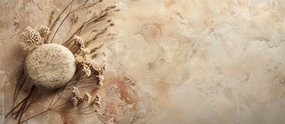 Poster top down view of a simple round stone and a rustic bouquet of dried flowers on a neutral beige backd