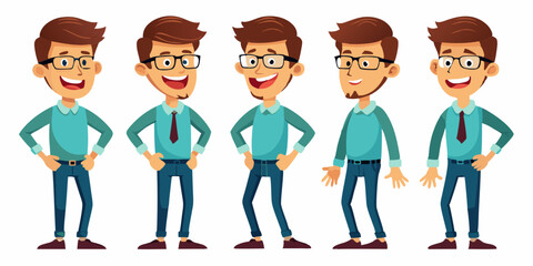 Set of happy male character in different poses on white background. A man with glasses
