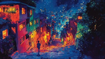 Obraz premium Fantasy Anime Postcard: Night View City in Watercolor, Colorful Illustration of Vibrant Urban Fantasy