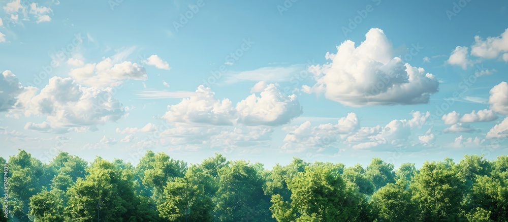 Poster scenic view of trees against a backdrop of white clouds and a clear blue sky in a copy space image