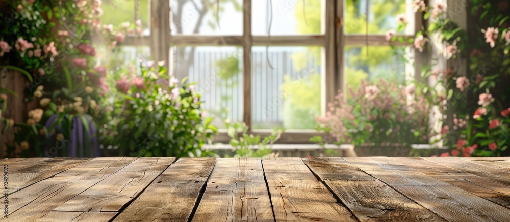 Poster the wooden table is vacant with a blurred view of a garden through a home window in the backdrop off