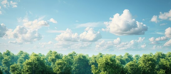 Scenic view of trees against a backdrop of white clouds and a clear blue sky in a copy space image