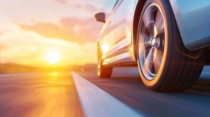 Serene Sunset Journey with Distinctive Striped Wheel Car