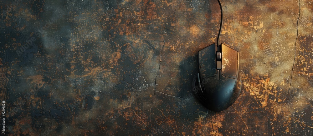 Poster top down view of a wired mouse on a lightly textured table with ample room for text in the image