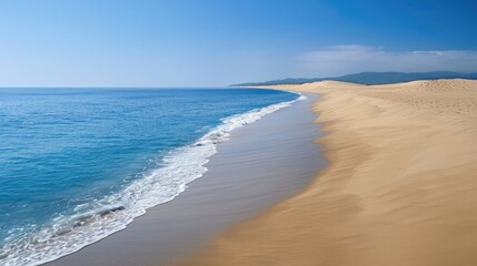 Serene Beach Scene with Waves, Skyline, and Distant Mountains