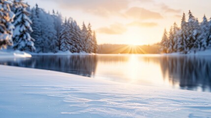 Serene Winter Lake Scene Bathed in Sunrise Glow