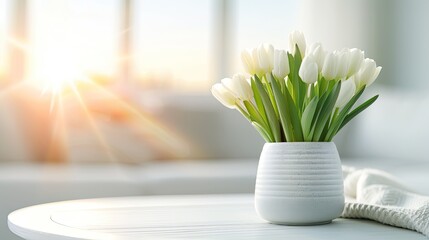 Elegant White Vase Number "3e with Flowers, Illuminated by Sunlight