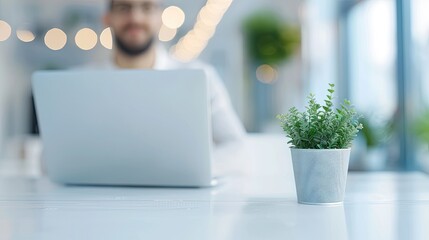 Man Focused on Laptop in Office/Cafe Setting