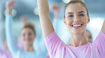 Young Blonde Woman Smiling with Arms Raised