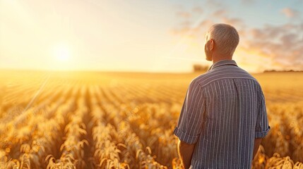 Solitary Man Gazing Over Golden Cornfield