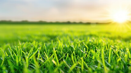 Sunny Day on Lush Green Lawn with Dew Drops