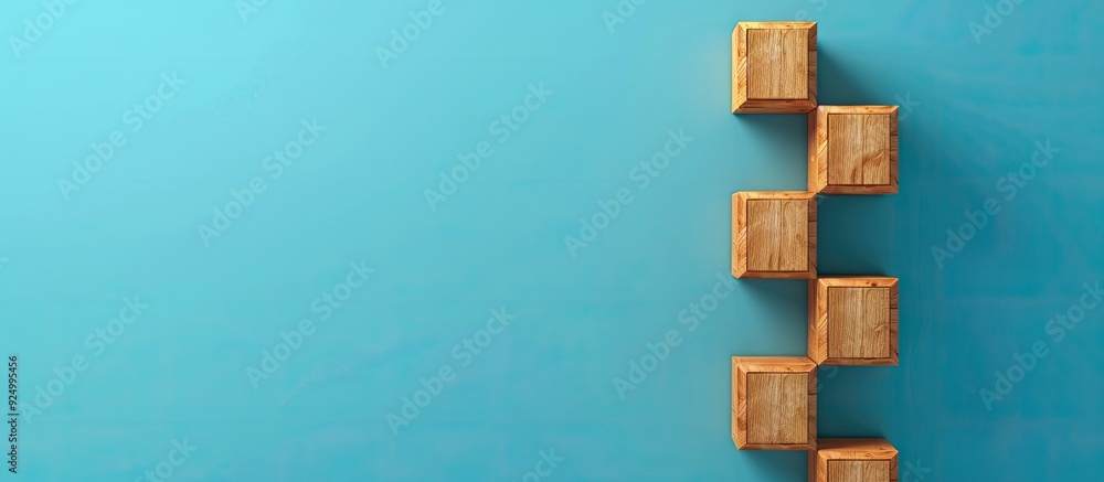 Poster symbol of innovative solutions conveyed through text on wooden blocks against a blue backdrop with a